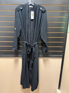 JustFab Black Duster Trench Coat Belted Roll Tab Sleeve 1X NWT